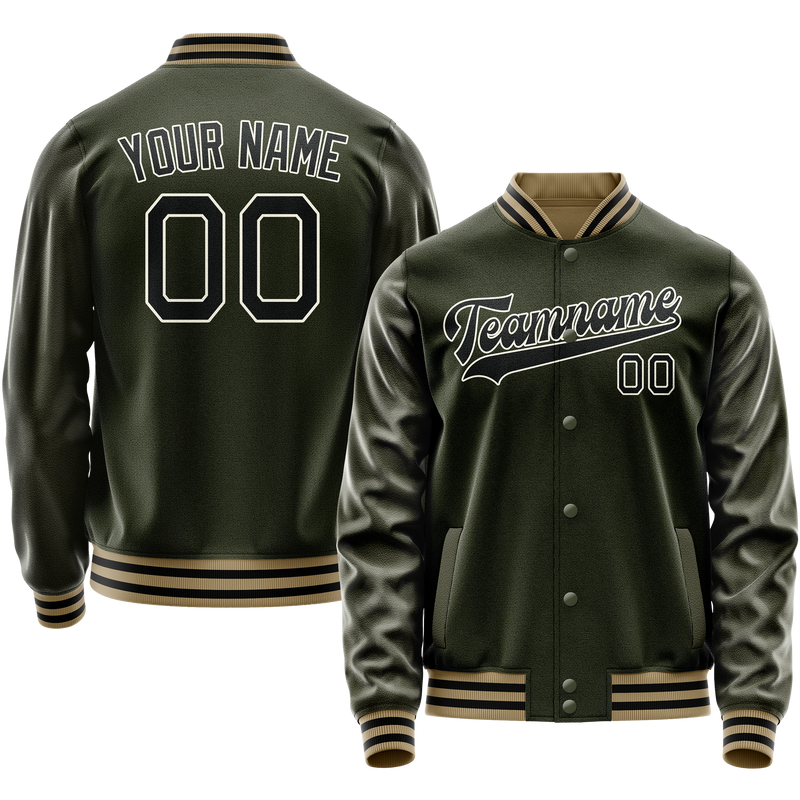 Custom Olive Black Solid Color Varsity Letterman Jacket JA02240617LH306