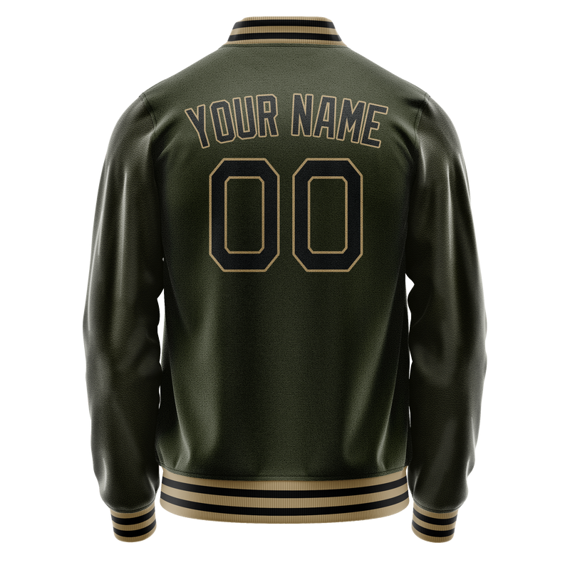 Custom Olive Black Solid Color Varsity Letterman Jacket JA02240617LH307