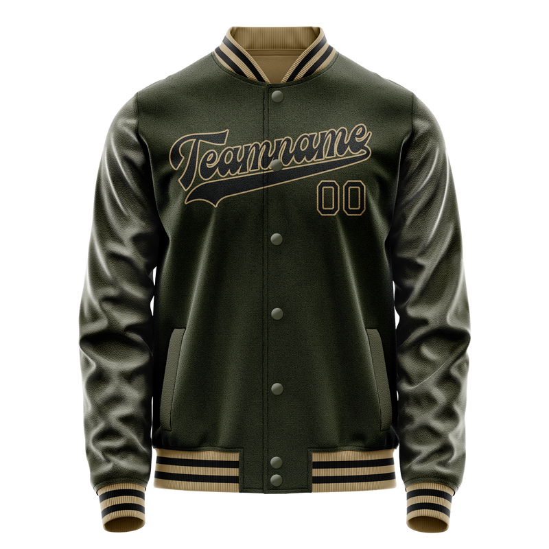Custom Olive Black Solid Color Varsity Letterman Jacket JA02240617LH307