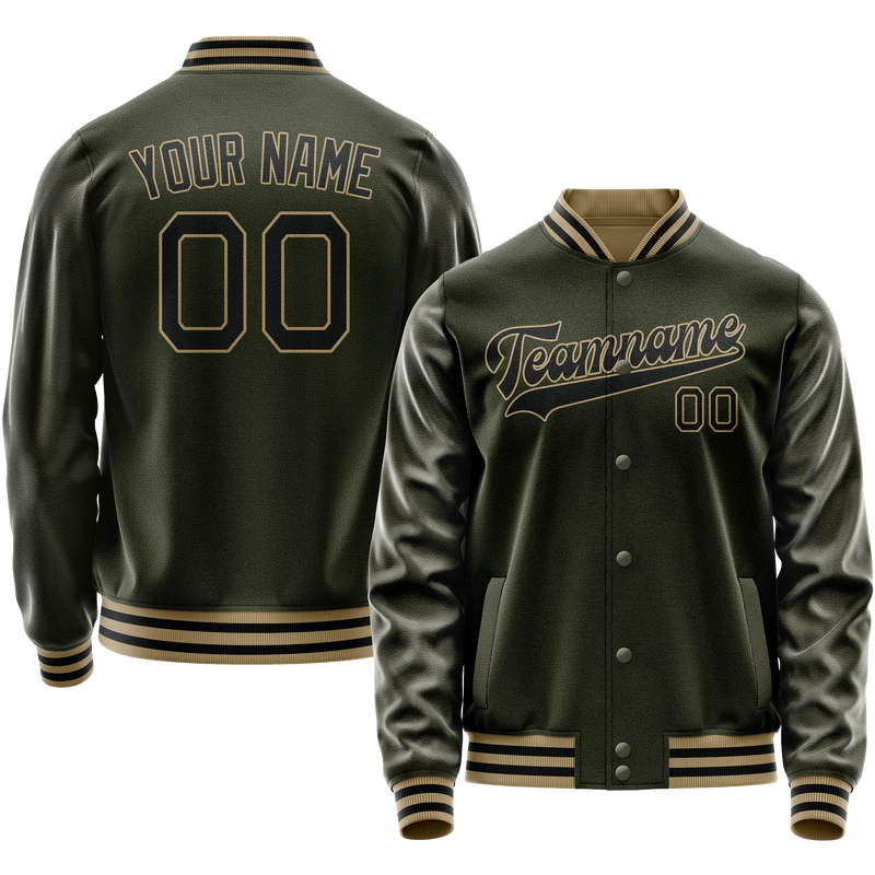 Custom Olive Black Solid Color Varsity Letterman Jacket JA02240617LH307