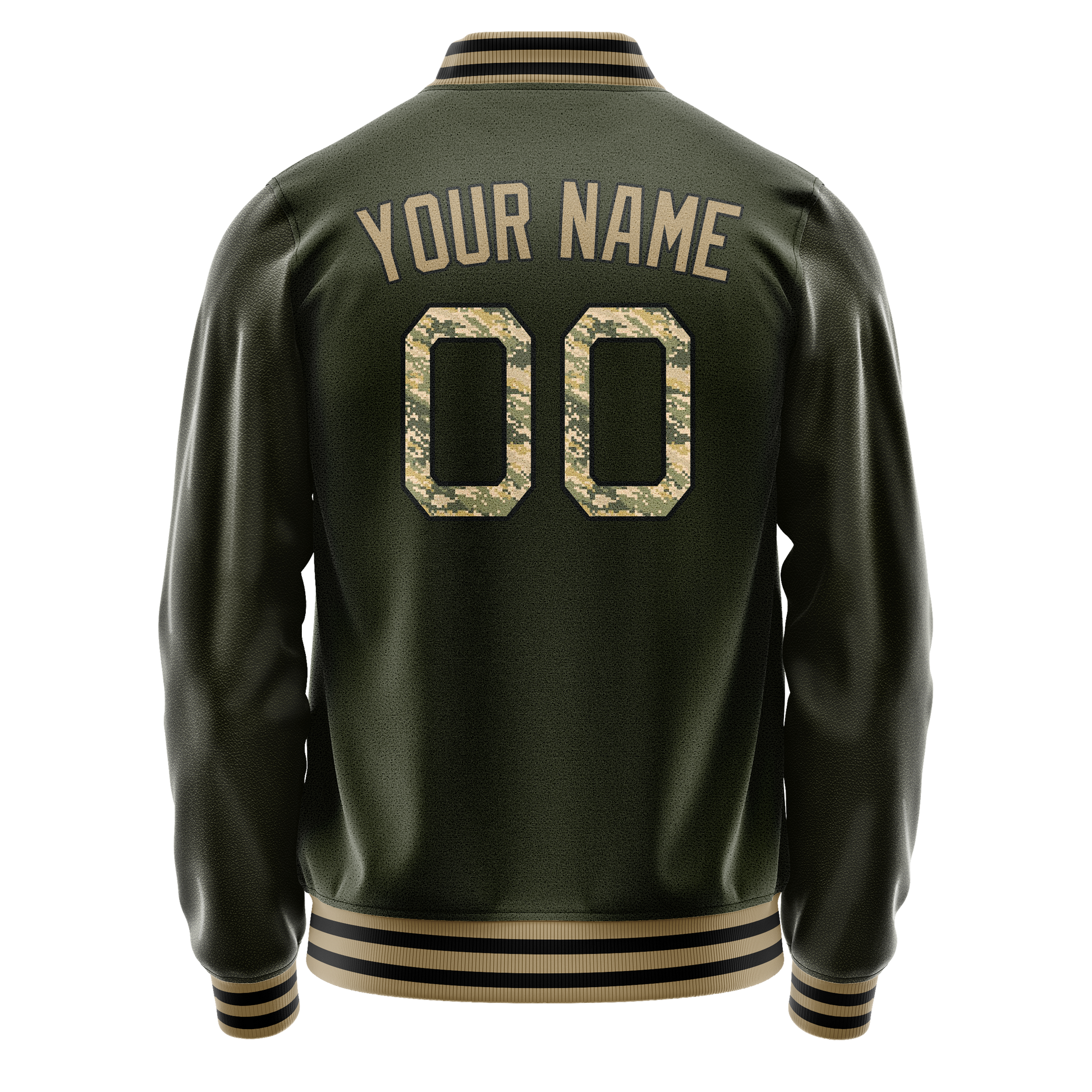 Custom Olive Camo Solid Color Varsity Letterman Jacket JA02240617LH309