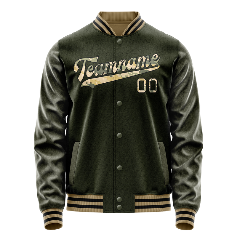 Custom Olive Camo Solid Color Varsity Letterman Jacket JA02240617LH309