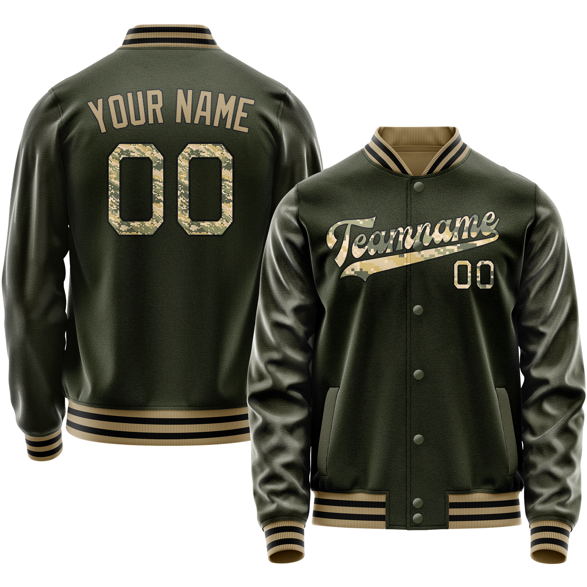 Custom Olive Camo Solid Color Varsity Letterman Jacket JA02240617LH309