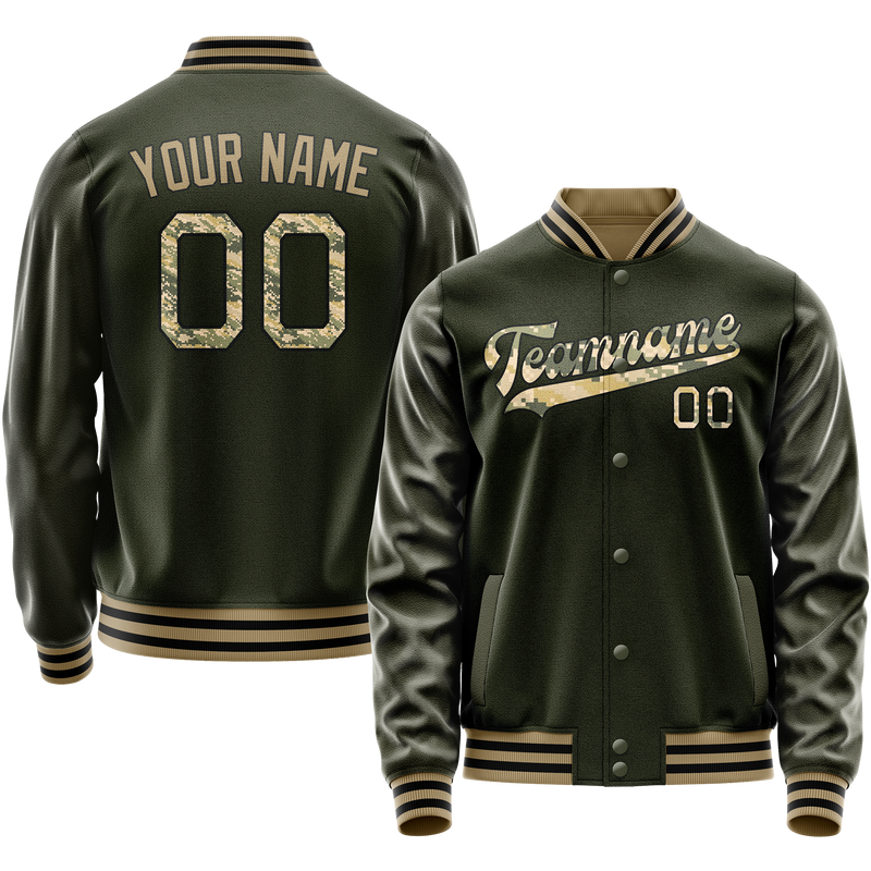 Custom Olive Camo Solid Color Varsity Letterman Jacket JA02240617LH309