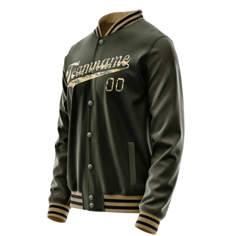 Custom Olive Camo Solid Color Varsity Letterman Jacket JA02240617LH309