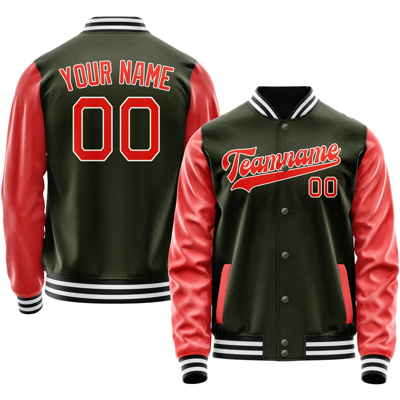 Custom Olive Orange Solid Color Varsity Letterman Jacket JA02240617LH325