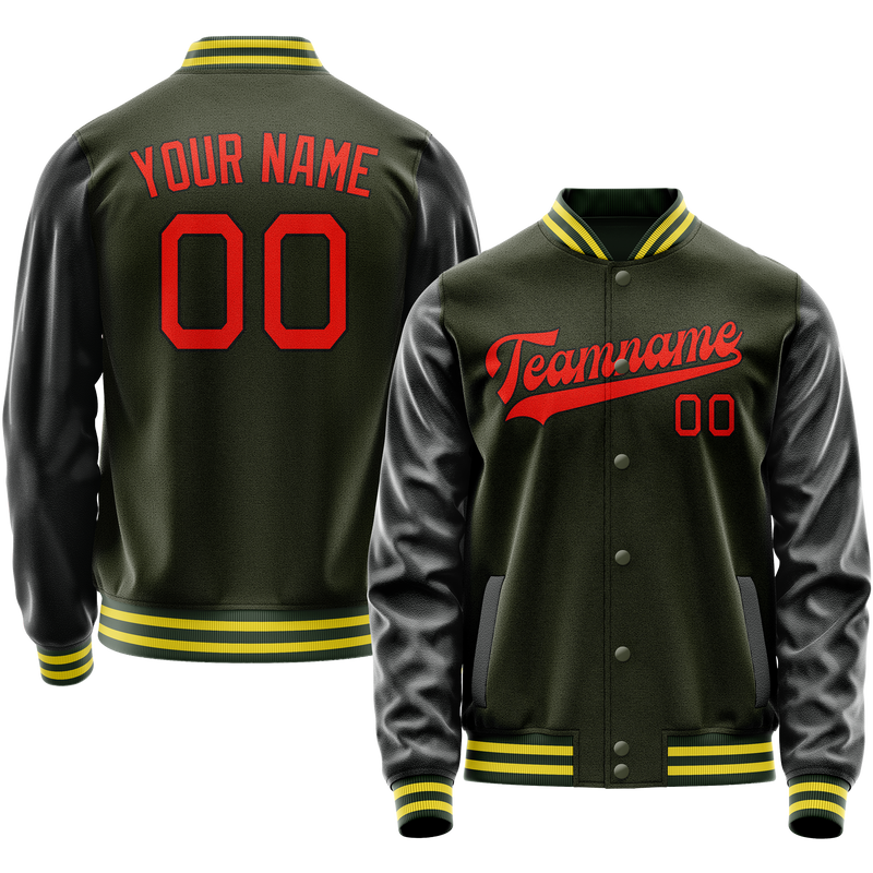 Custom Olive Orange Solid Color Varsity Letterman Jacket JA02240617LH299