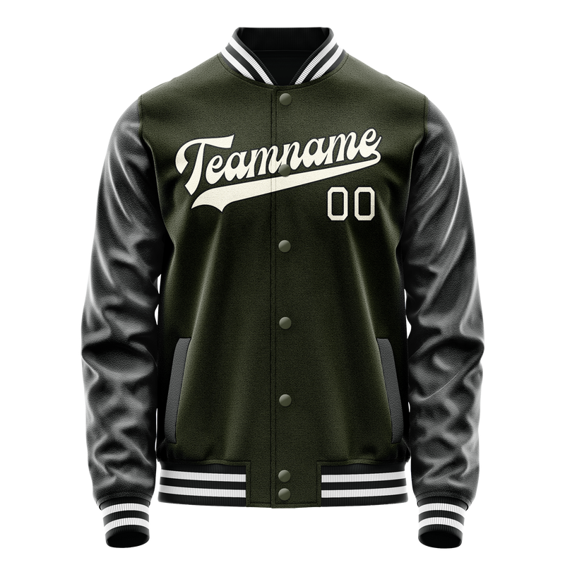 Custom Olive Black Solid Color Varsity Letterman Jacket JA02240617LH305