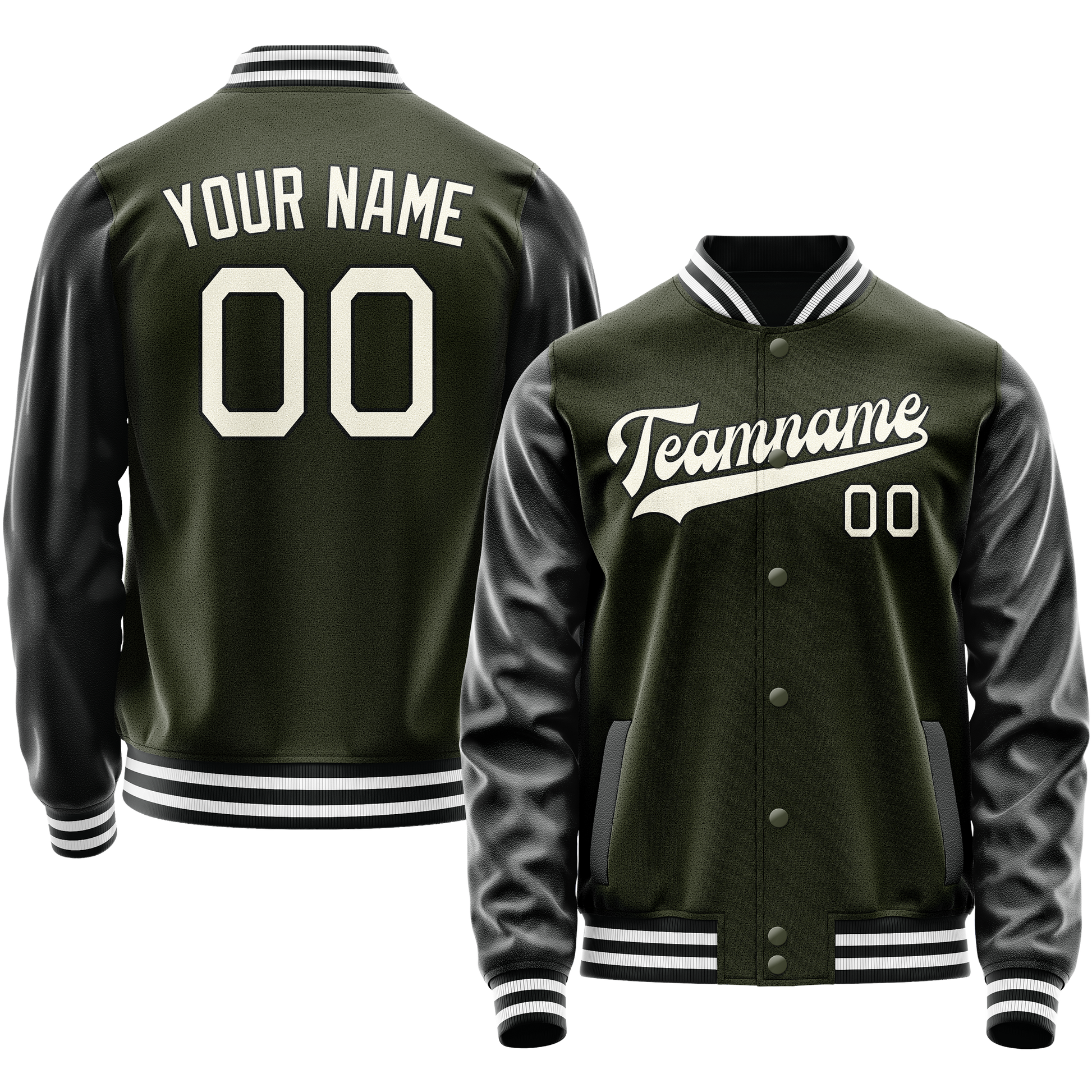 Custom Olive Black Solid Color Varsity Letterman Jacket JA02240617LH305