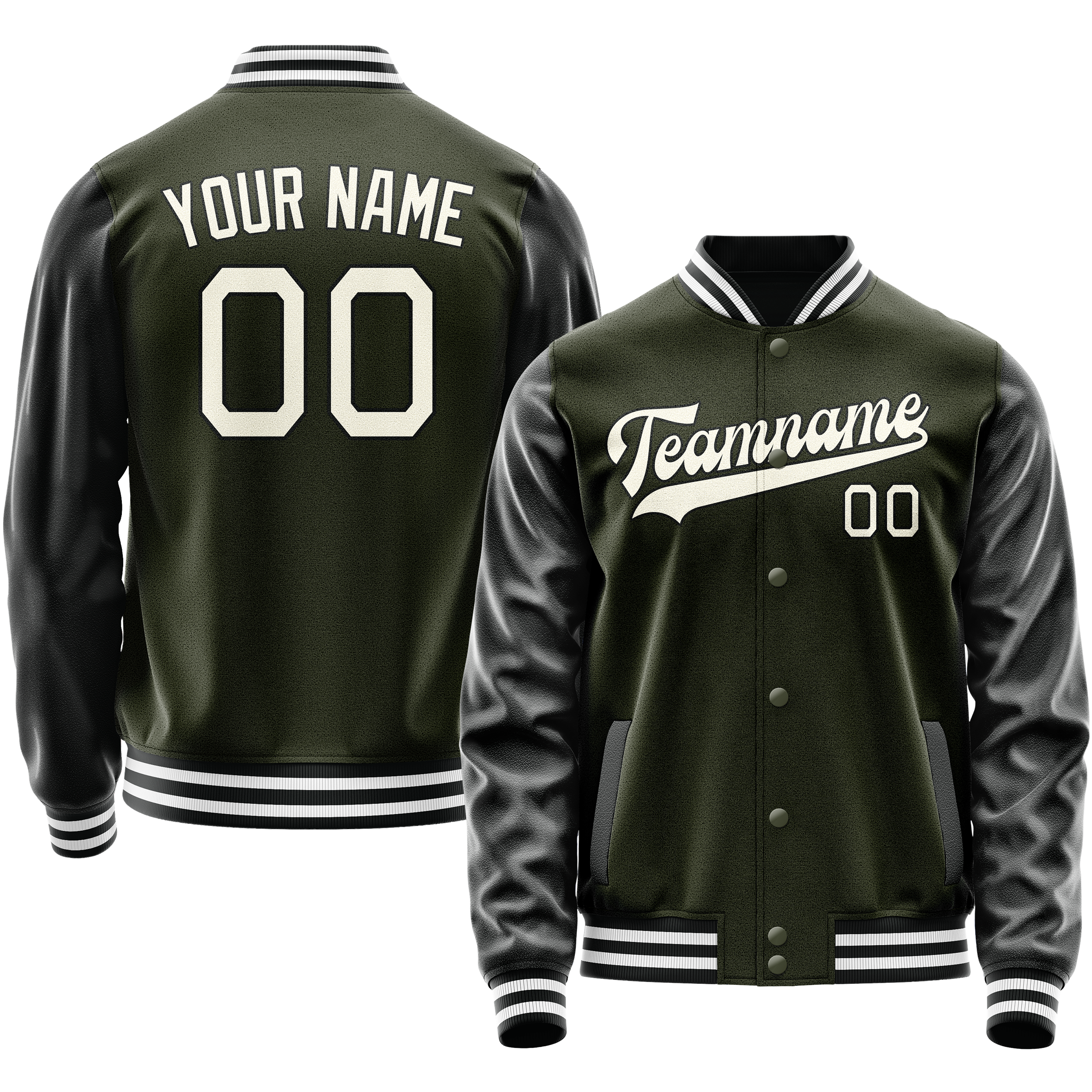 Custom Olive Black Solid Color Varsity Letterman Jacket JA02240617LH305