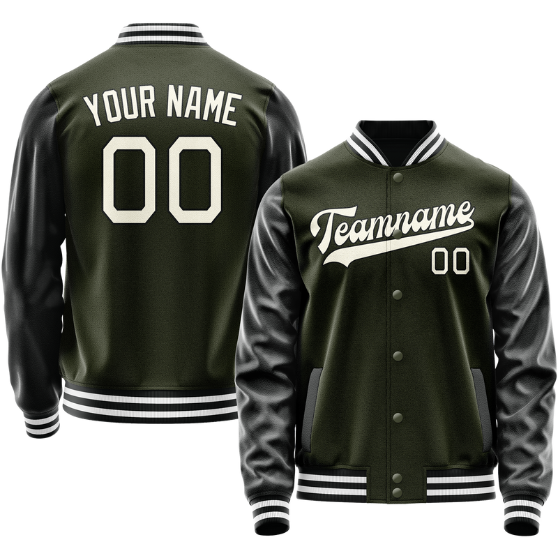 Custom Olive Black Solid Color Varsity Letterman Jacket JA02240617LH305