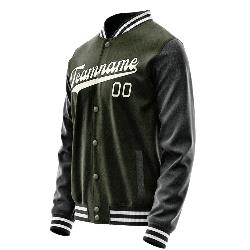 Custom Olive Black Solid Color Varsity Letterman Jacket JA02240617LH305