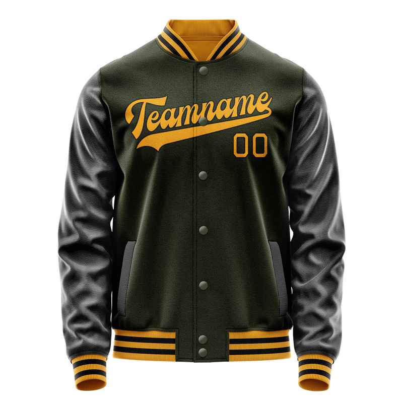 Custom Olive Black Solid Color Varsity Letterman Jacket JA02240617LH310