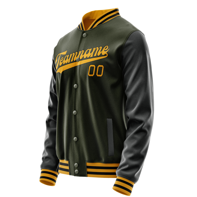 Custom Olive Black Solid Color Varsity Letterman Jacket JA02240617LH310