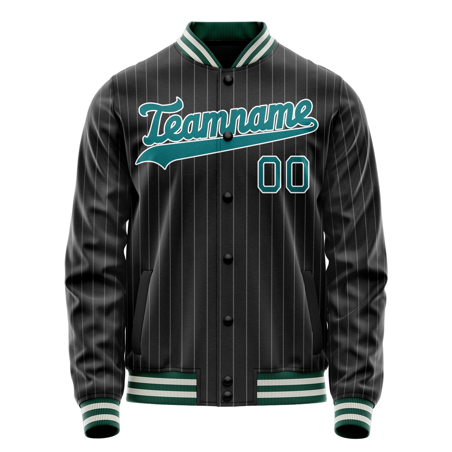 Custom Black Teal Gray Pinstripe Varsity Letterman Jacket JA02240617HF032
