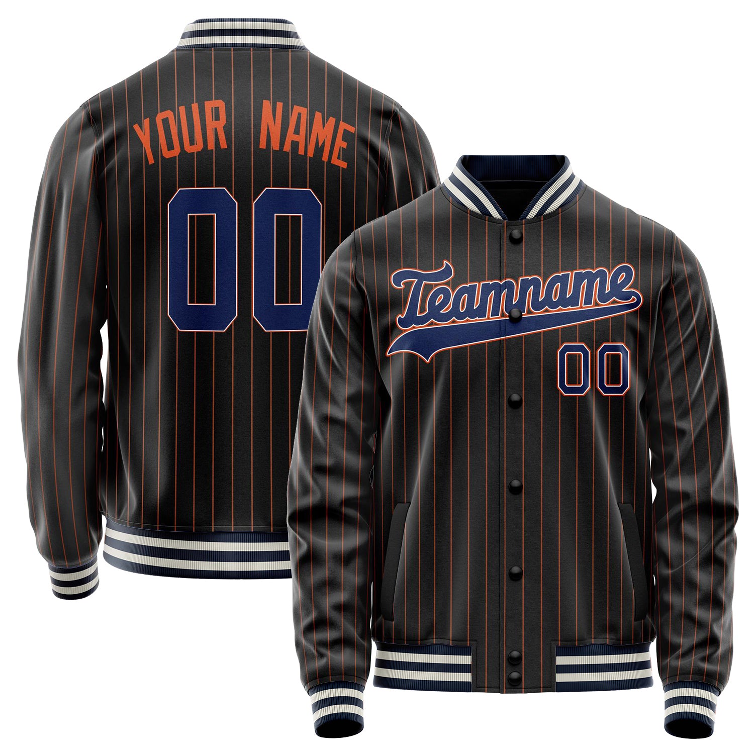 Custom Black Royal Orange Pinstripe Varsity Letterman Jacket JA02240617HF035