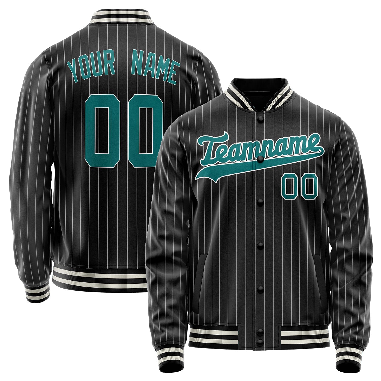 Custom Black Teal Gray Pinstripe Varsity Letterman Jacket JA02240617HF040