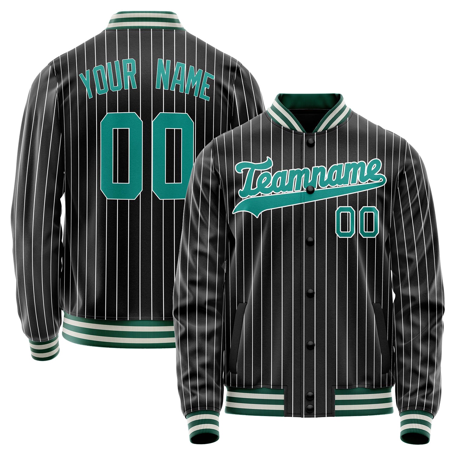 Custom Black Teal White Pinstripe Varsity Letterman Jacket JA02240617HF041