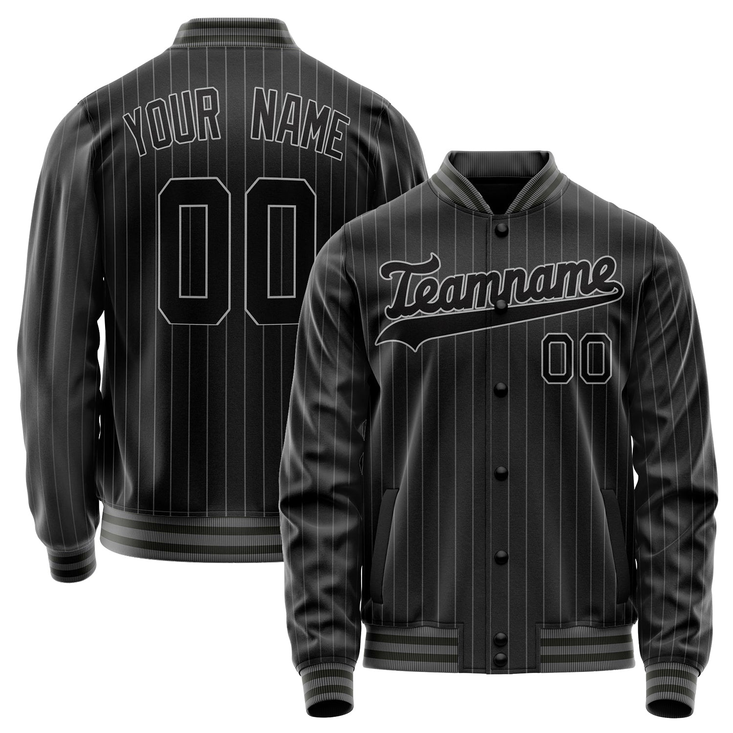 Custom Black Gray Gray Pinstripe Varsity Letterman Jacket JA02240617HF060