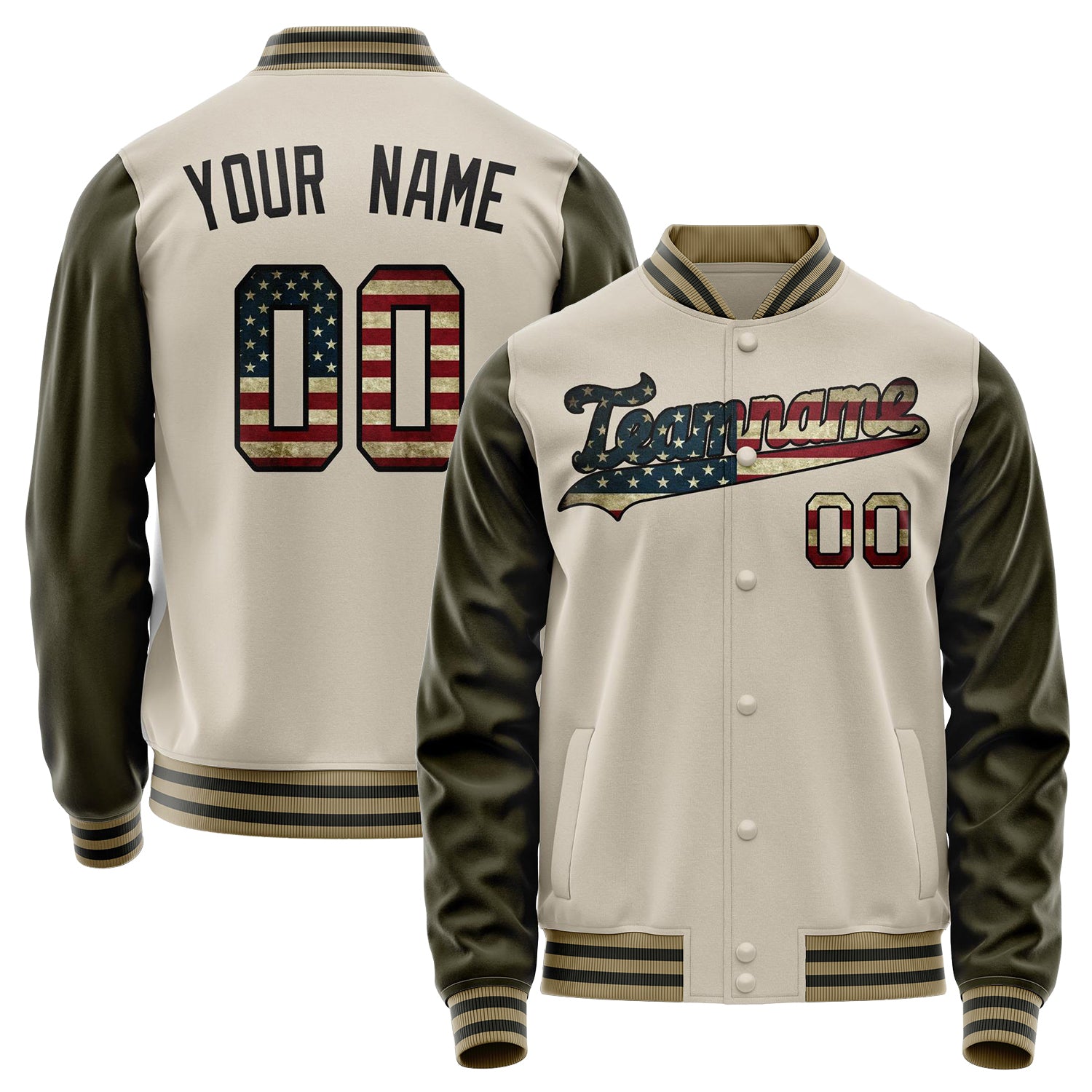 Custom Cream Vintage-Usa-Flag Solid Color Varsity Letterman Jacket JA02240617JC095