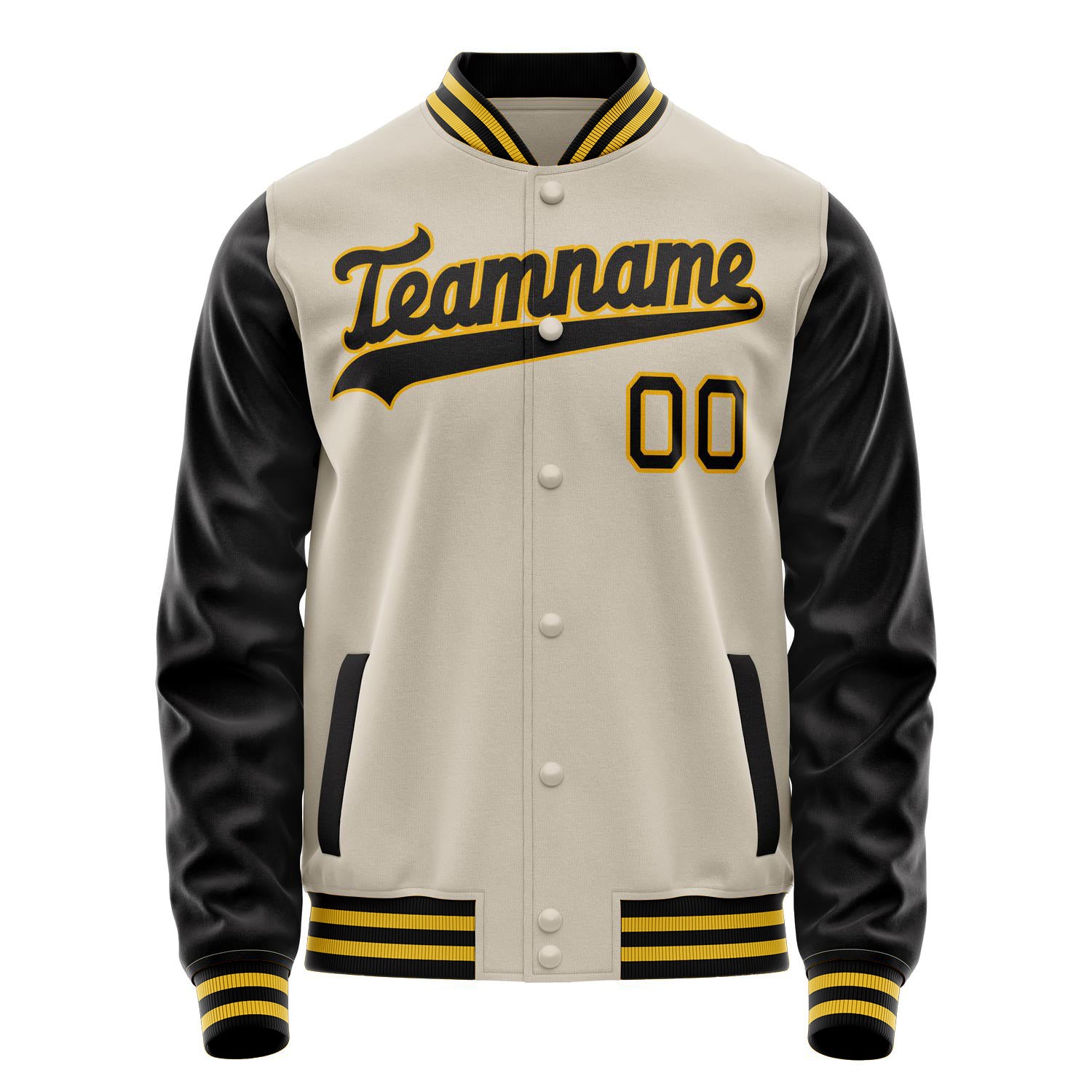 Custom Cream Black Solid Color Varsity Letterman Jacket JA02240617JC107