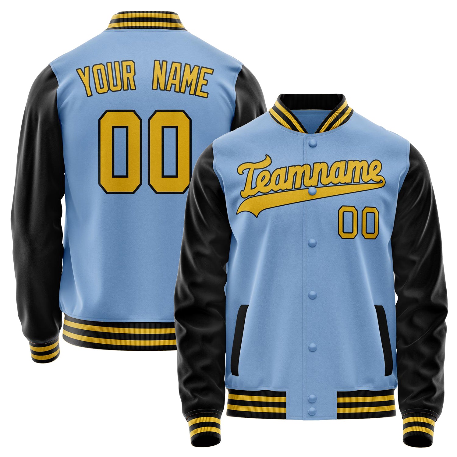Custom Light-Blue Black Solid Color Varsity Letterman Jacket JA02240617JC243