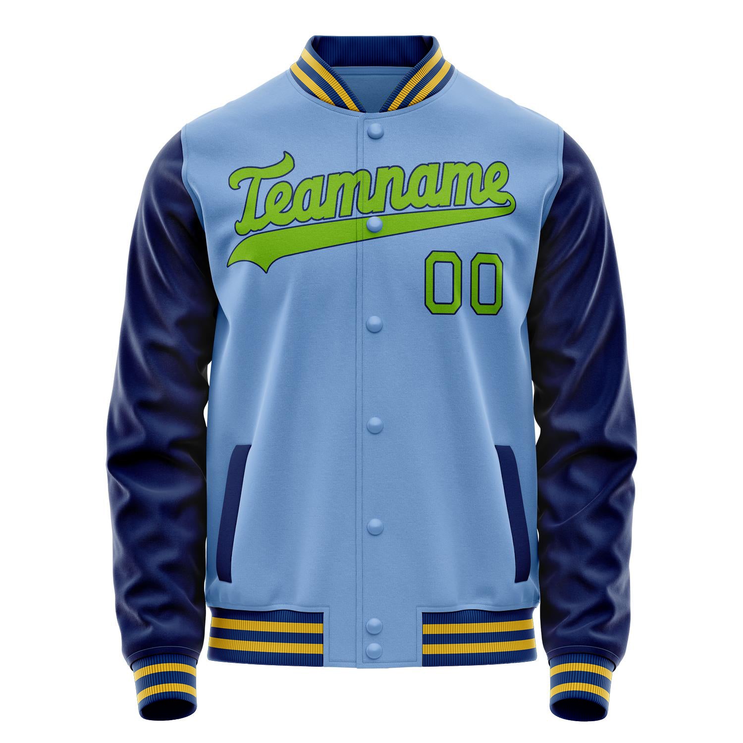Custom Light-Blue Neon-Green Solid Color Varsity Letterman Jacket JA02240617JC259