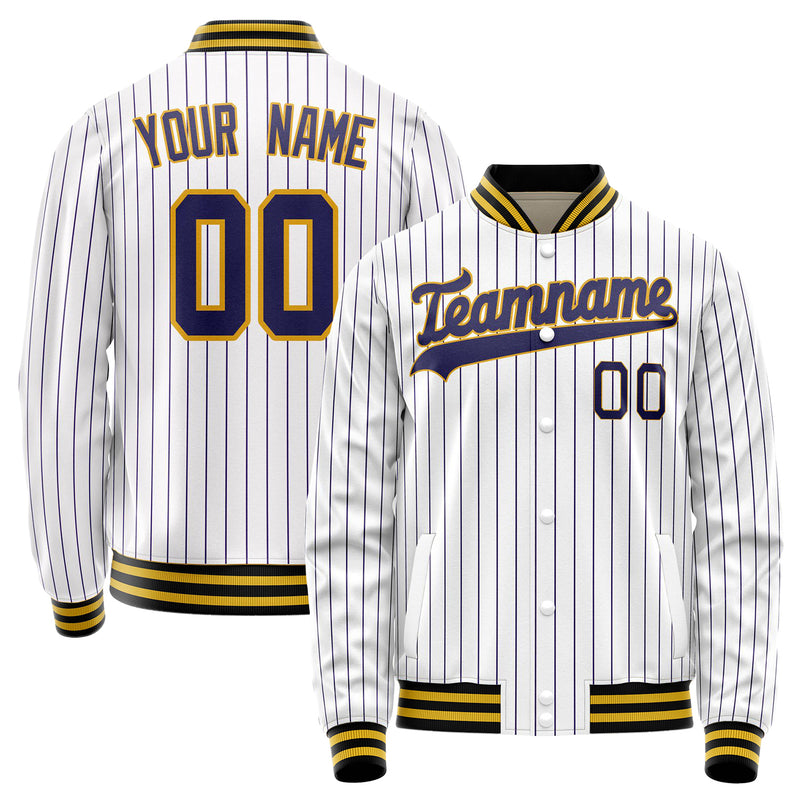 Custom White Purple Purple Pinstripe Varsity Letterman Jacket JA02240617JC477