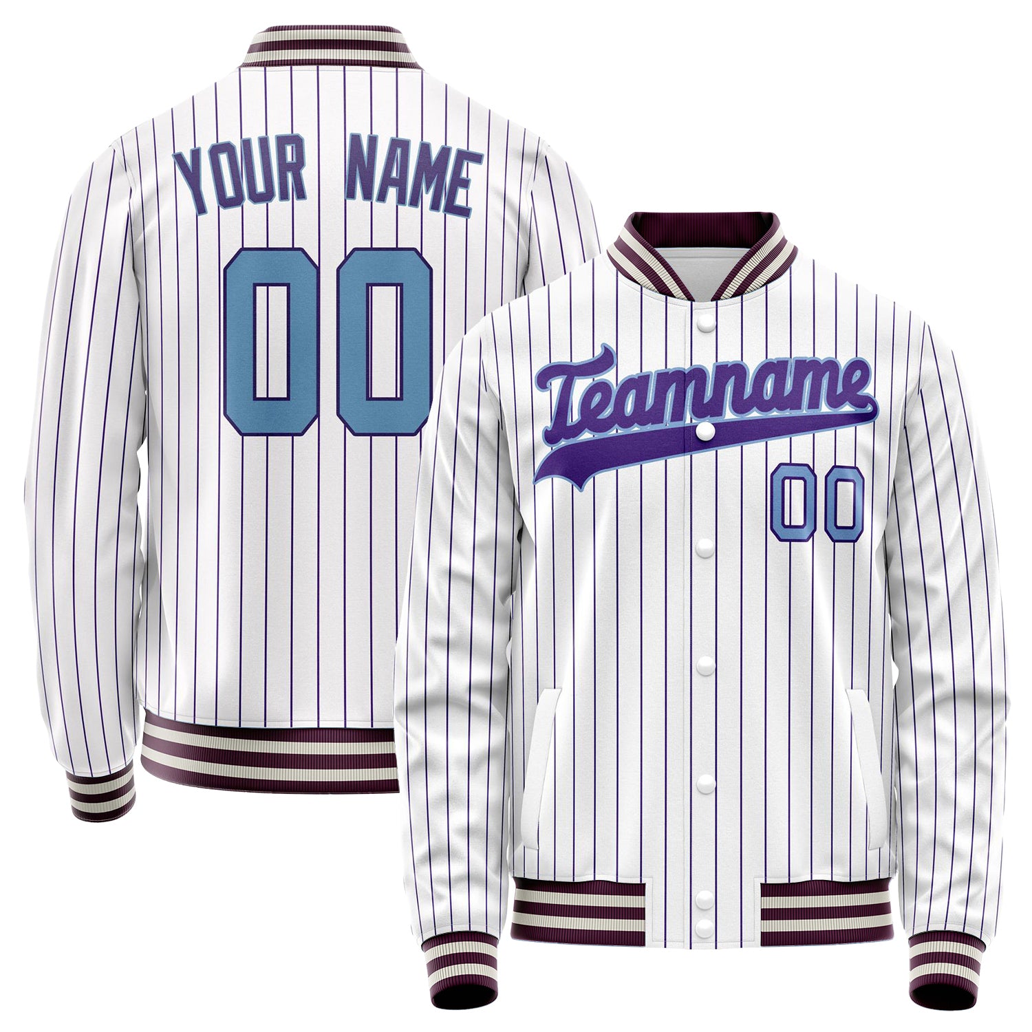Custom White Purple Purple Pinstripe Varsity Letterman Jacket JA02240617JC493