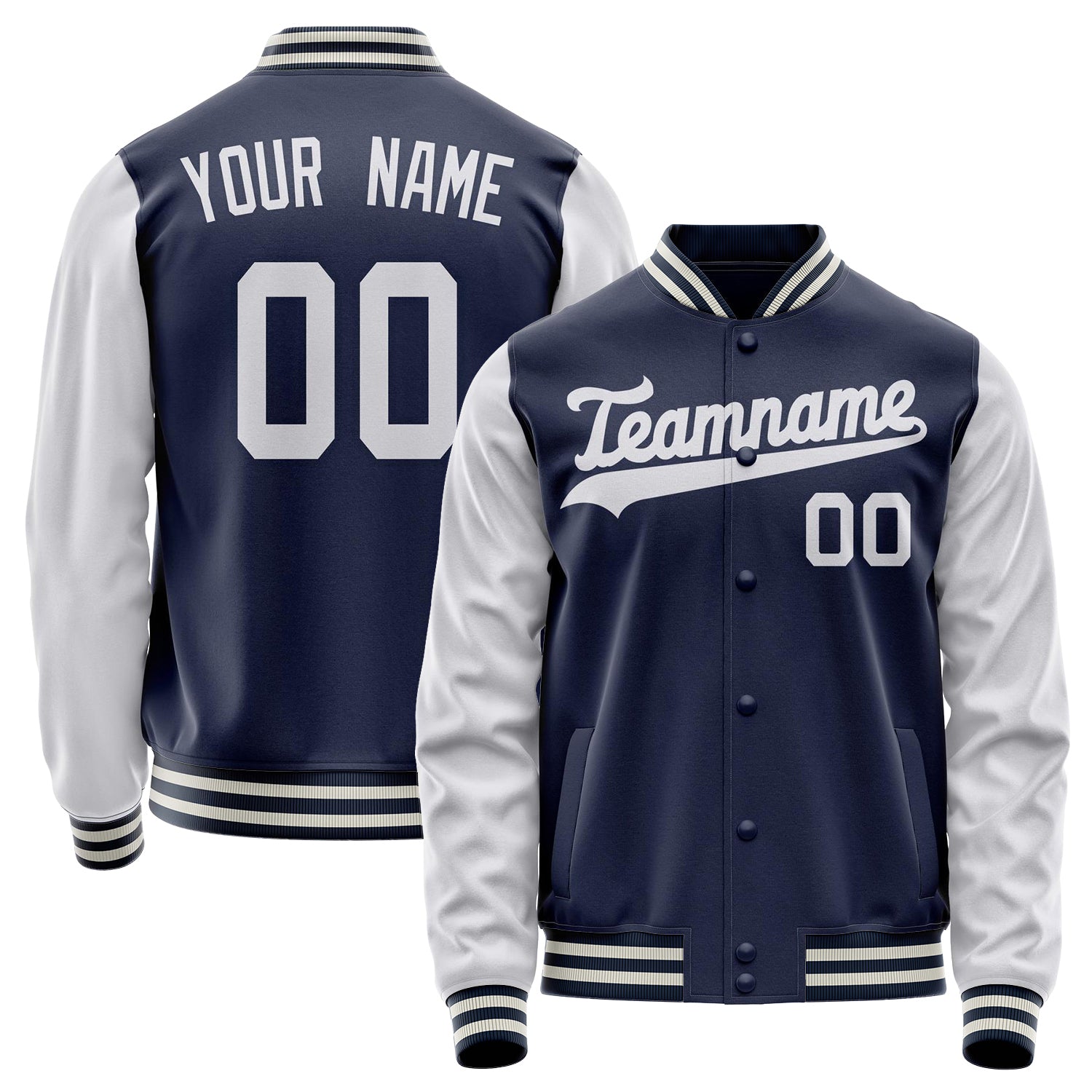 Custom Navy White Solid Color Varsity Letterman Jacket JA02240617KZ266