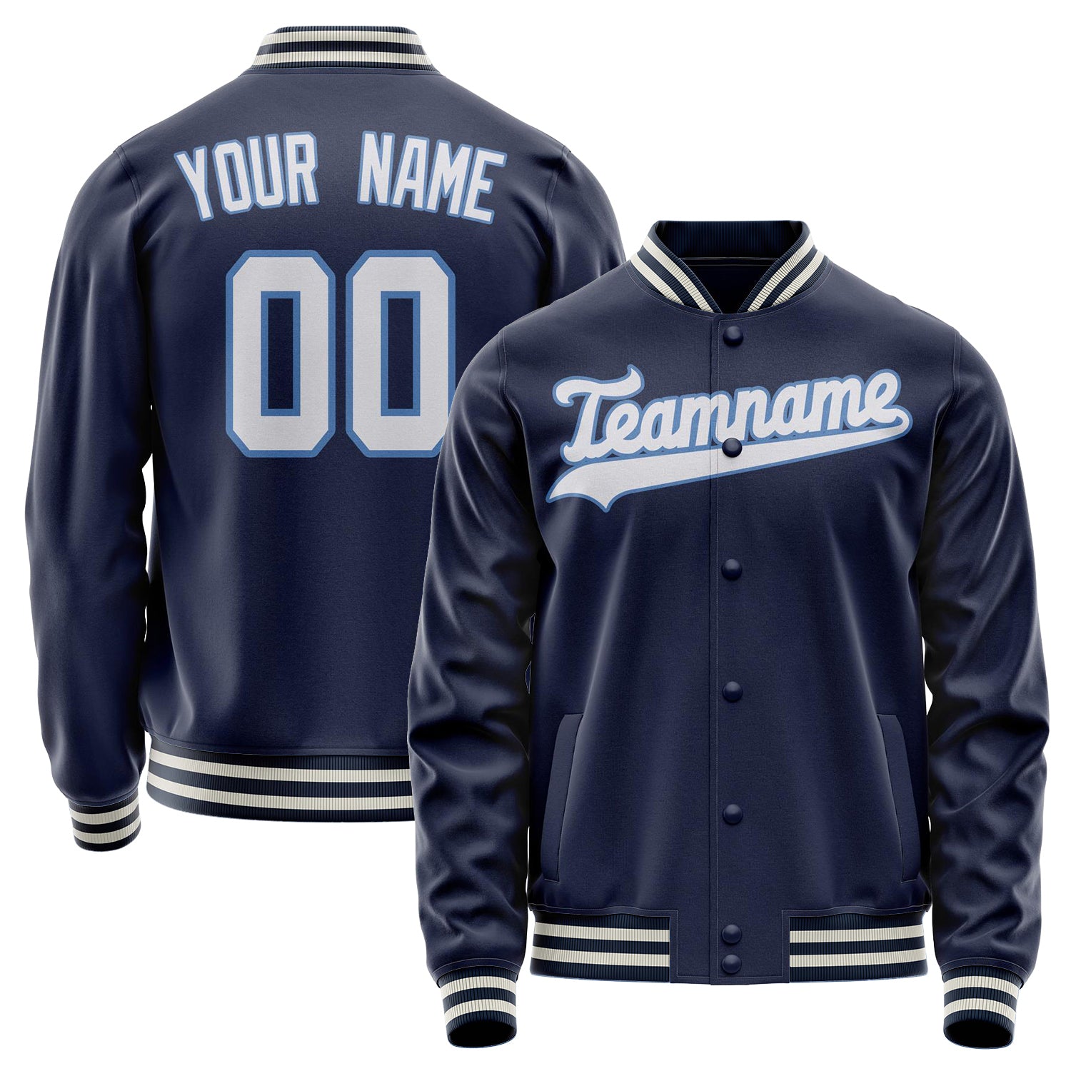 Custom Navy White Solid Color Varsity Letterman Jacket JA02240617KZ269