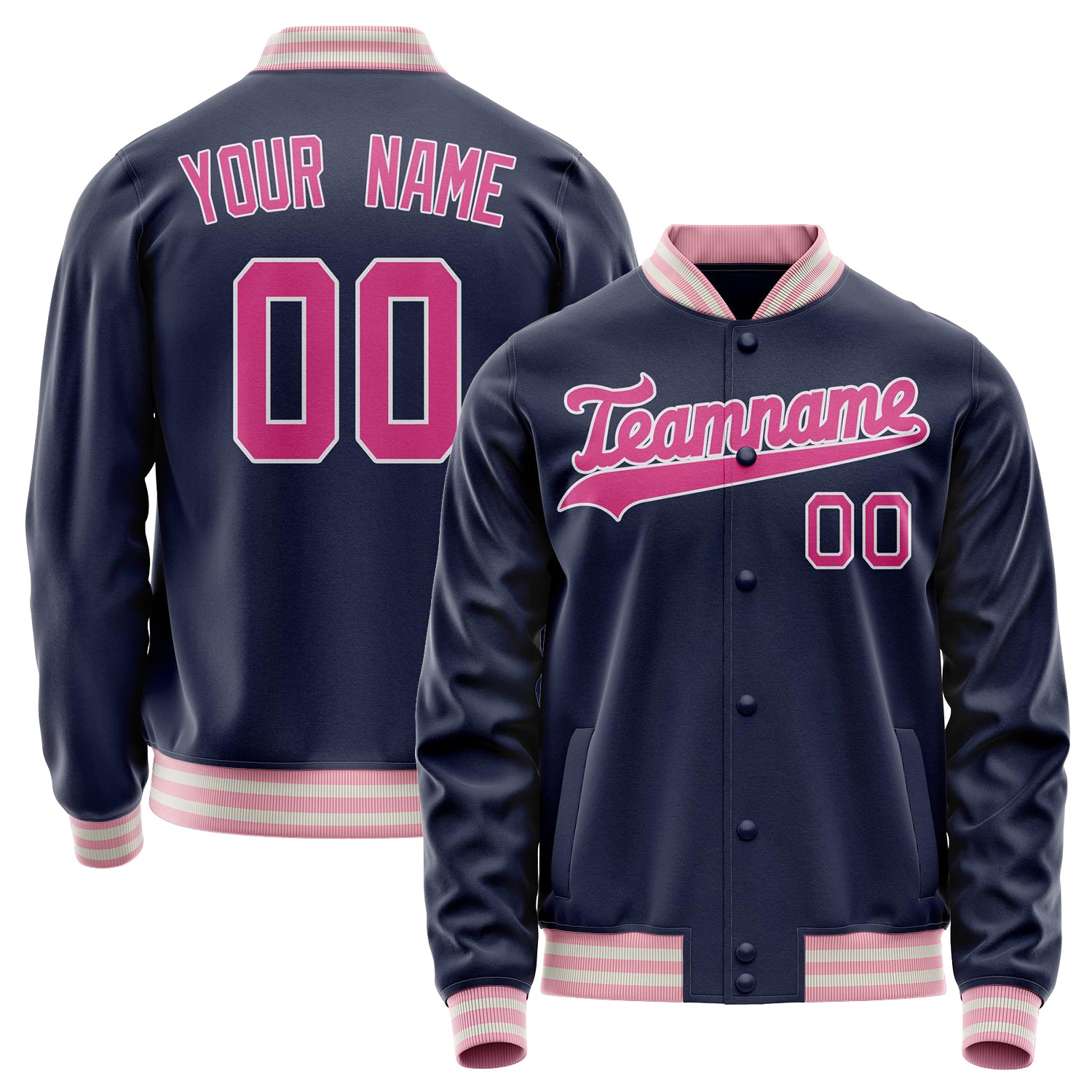 Custom Navy Pink Solid Color Varsity Letterman Jacket JA02240617KZ281