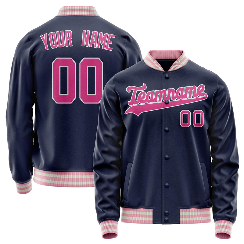 Custom Navy Pink Solid Color Varsity Letterman Jacket JA02240617KZ281