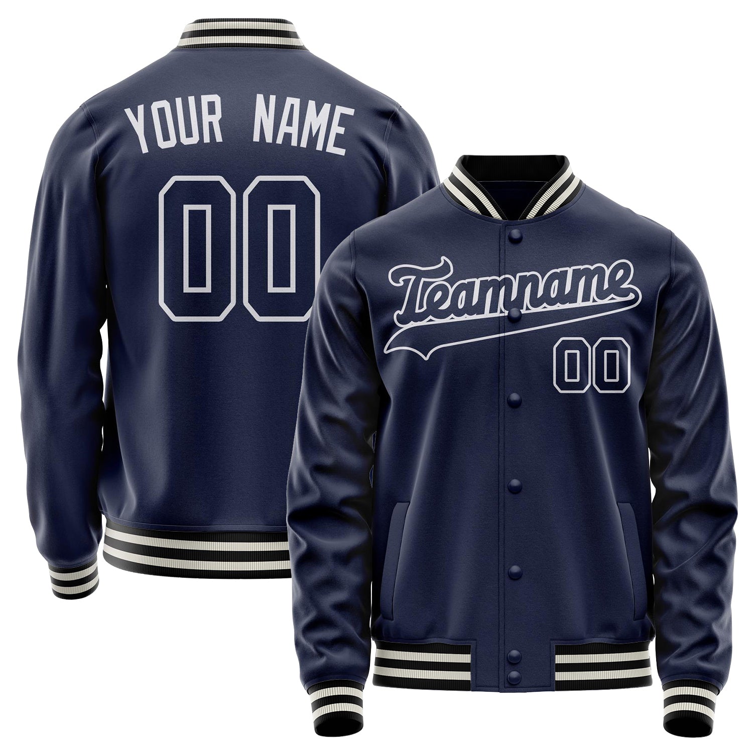 Custom Navy White Solid Color Varsity Letterman Jacket JA02240617KZ283