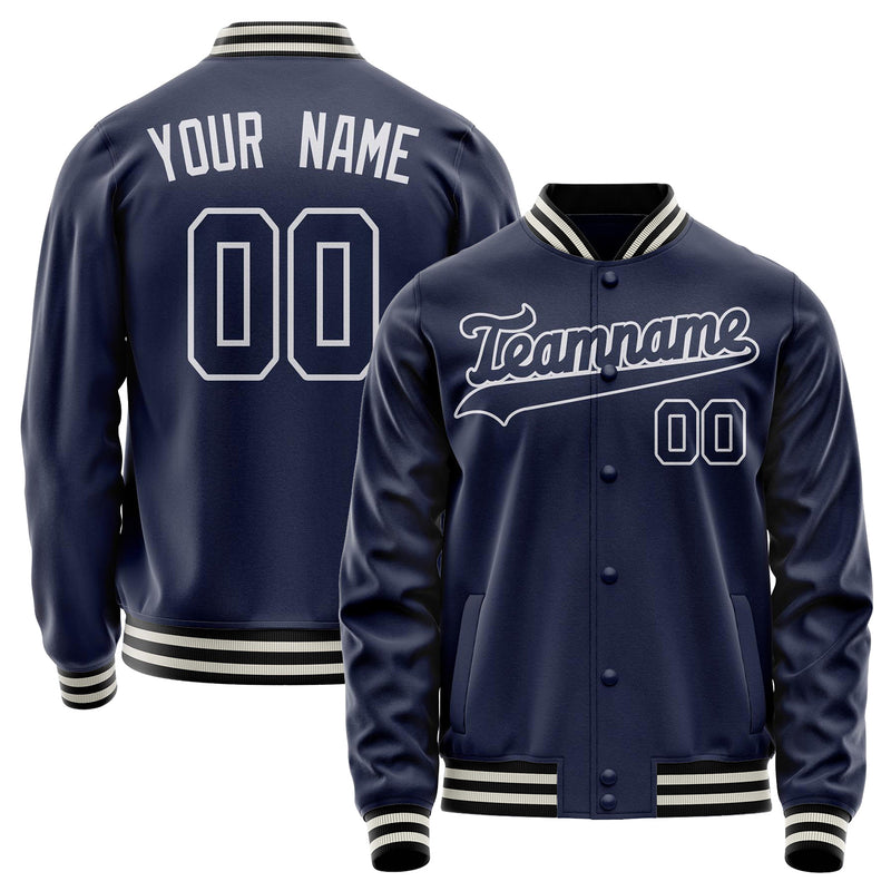 Custom Navy White Solid Color Varsity Letterman Jacket JA02240617KZ283
