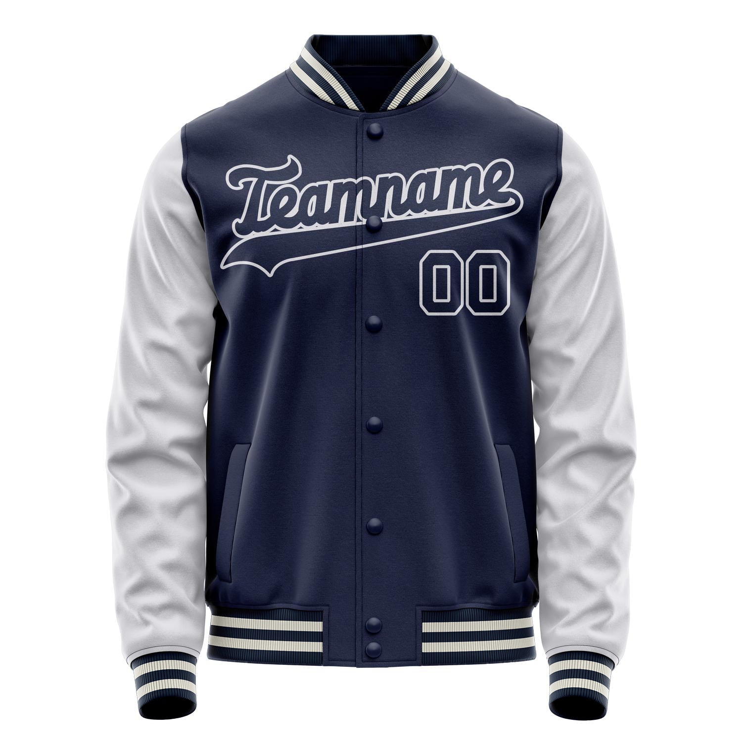 Custom Navy White Solid Color Varsity Letterman Jacket JA02240617KZ284
