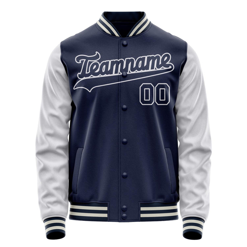 Custom Navy White Solid Color Varsity Letterman Jacket JA02240617KZ284