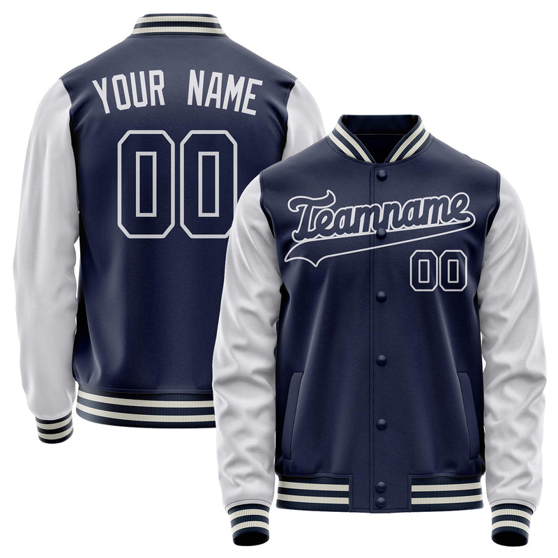 Custom Navy White Solid Color Varsity Letterman Jacket JA02240617KZ284