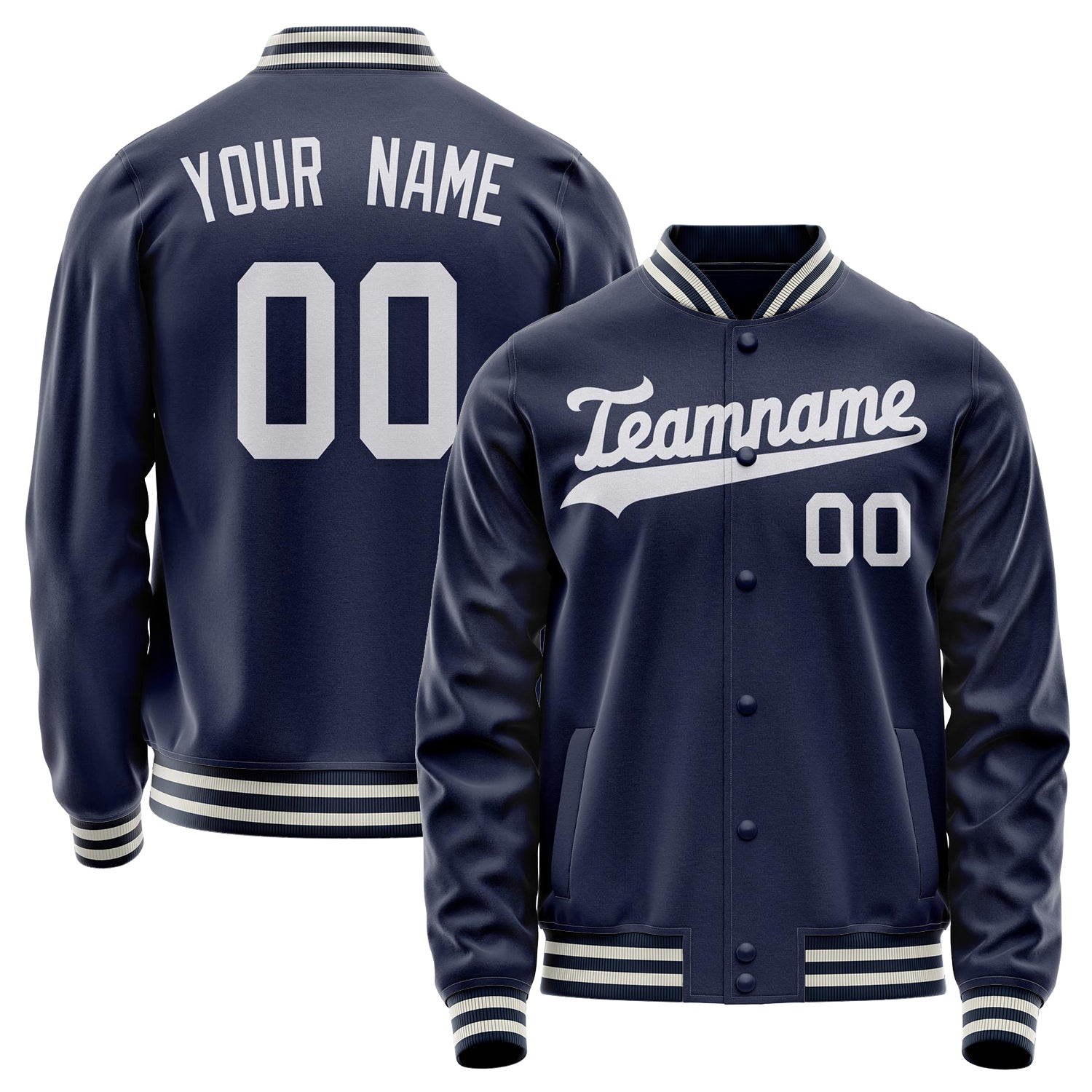 Custom Navy White Solid Color Varsity Letterman Jacket JA02240617KZ291