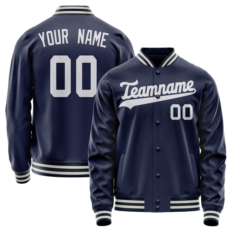 Custom Navy White Solid Color Varsity Letterman Jacket JA02240617KZ291