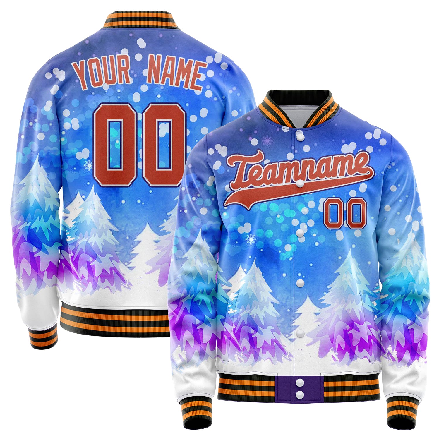 Custom Purple Orange 3D Pattern Watercolor Winter Landscape Varsity Letterman Jacket JA02240617KZ377