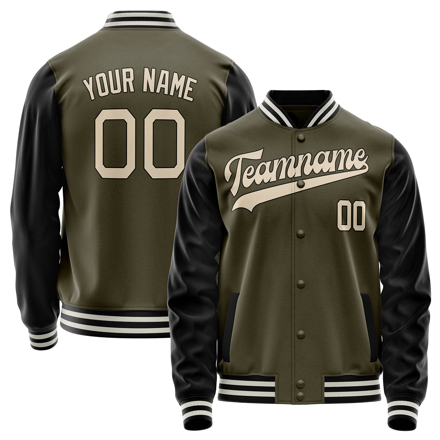 Custom Olive Black Solid Color Varsity Letterman Jacket JA02240617LH305