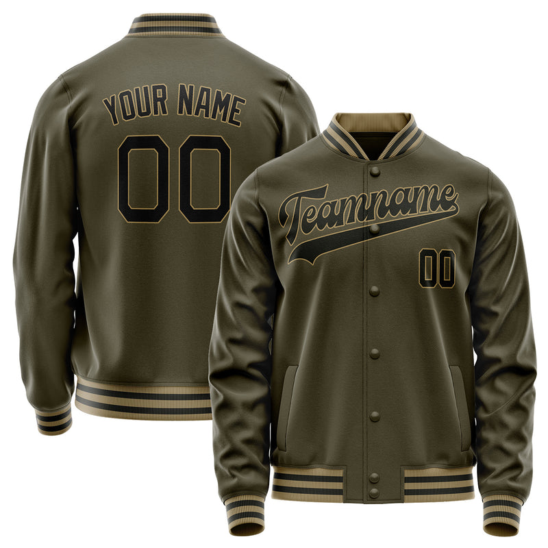 Custom Olive Black Solid Color Varsity Letterman Jacket JA02240617LH307