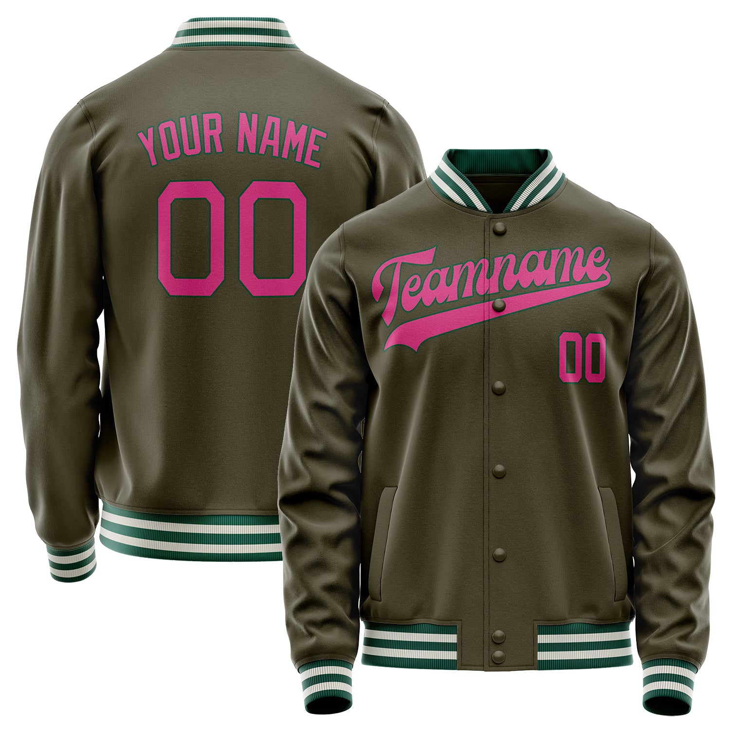 Custom Olive Pink Solid Color Varsity Letterman Jacket JA02240617LH308