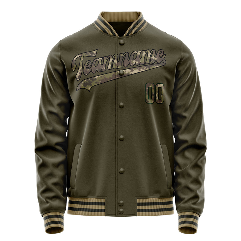 Custom Olive Camo Solid Color Varsity Letterman Jacket JA02240617LH309