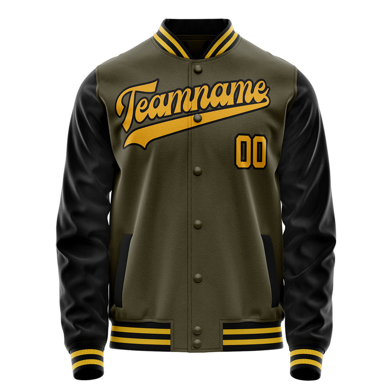 Custom Olive Black Solid Color Varsity Letterman Jacket JA02240617LH310