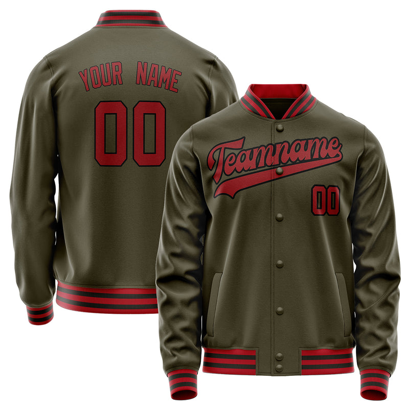 Custom Olive Red Solid Color Varsity Letterman Jacket JA02240617LH311