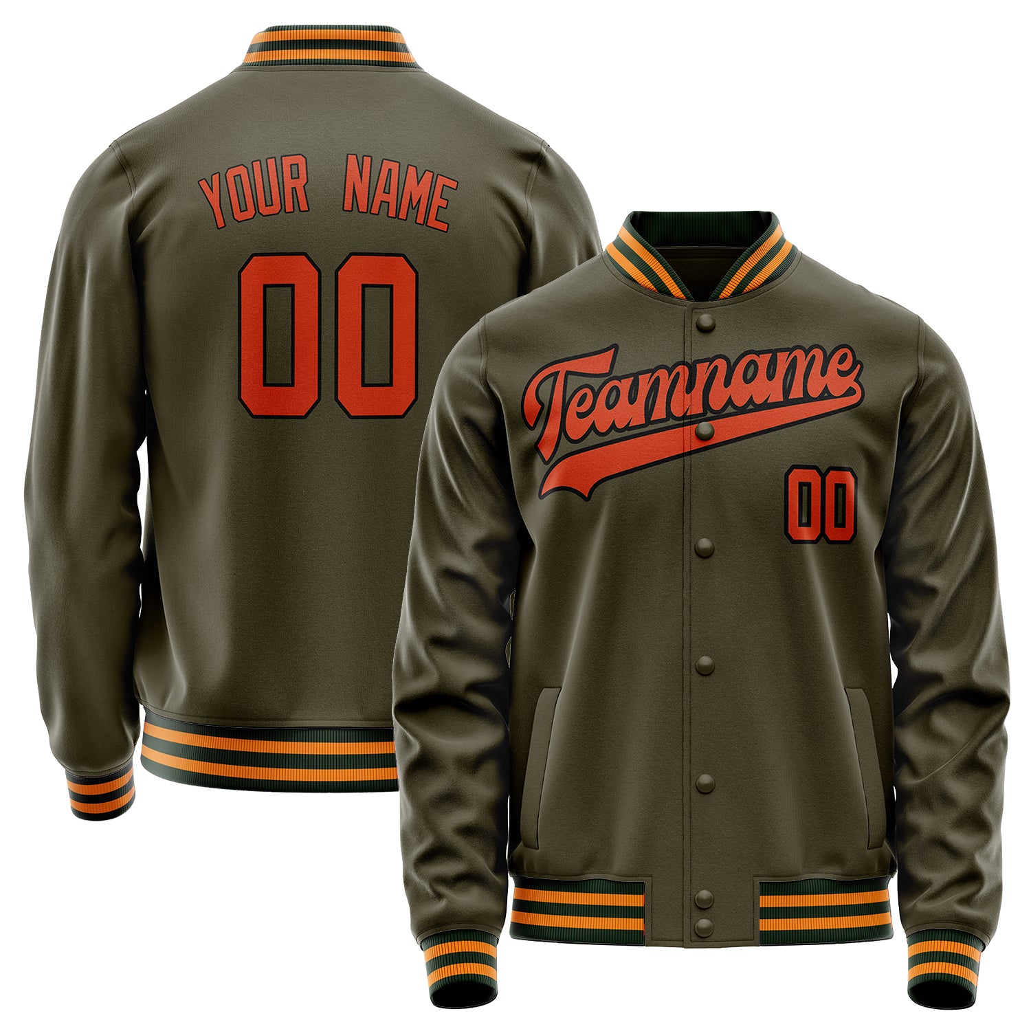 Custom Olive Orange Solid Color Varsity Letterman Jacket JA02240617LH316