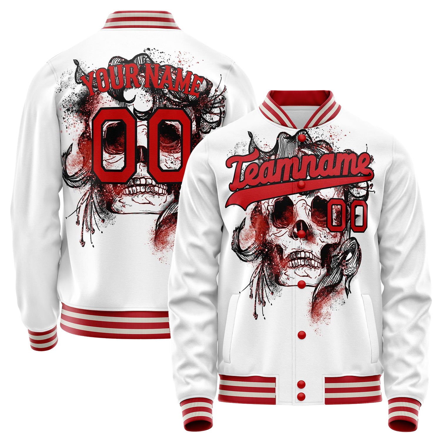 Custom White Red 3D Pattern Skull Varsity Letterman Jacket JA02240617LH453