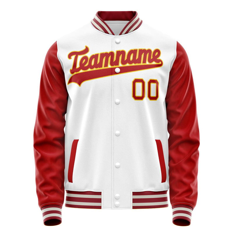Custom White Red Solid Color Varsity Letterman Jacket JA02240617LH476